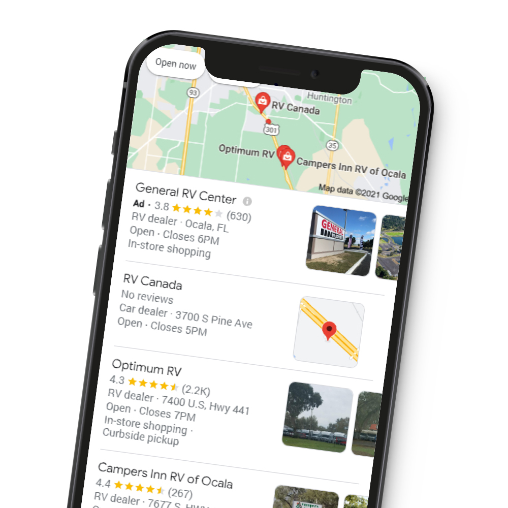 Google's Local Pack search results for RV Dealership near me search.