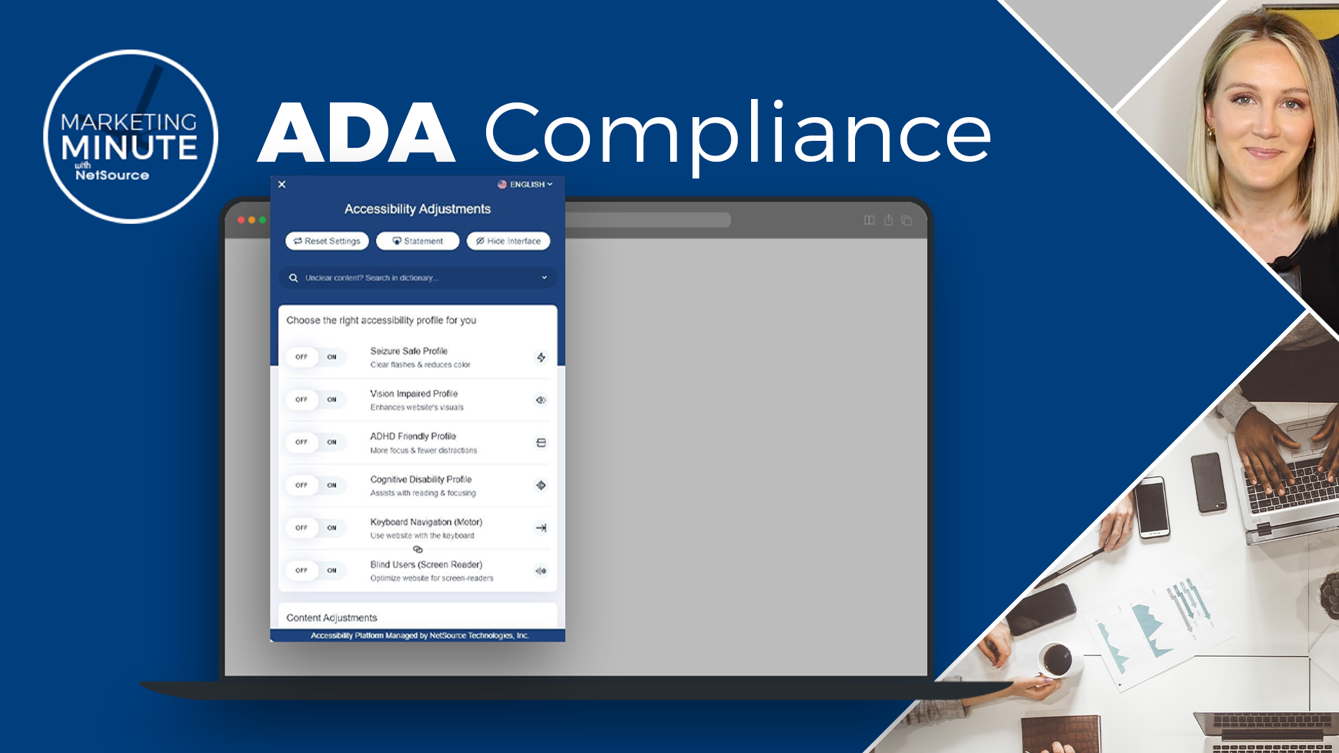 A pop up window that provides options for users with disabilities is what you need for website ADA compliance