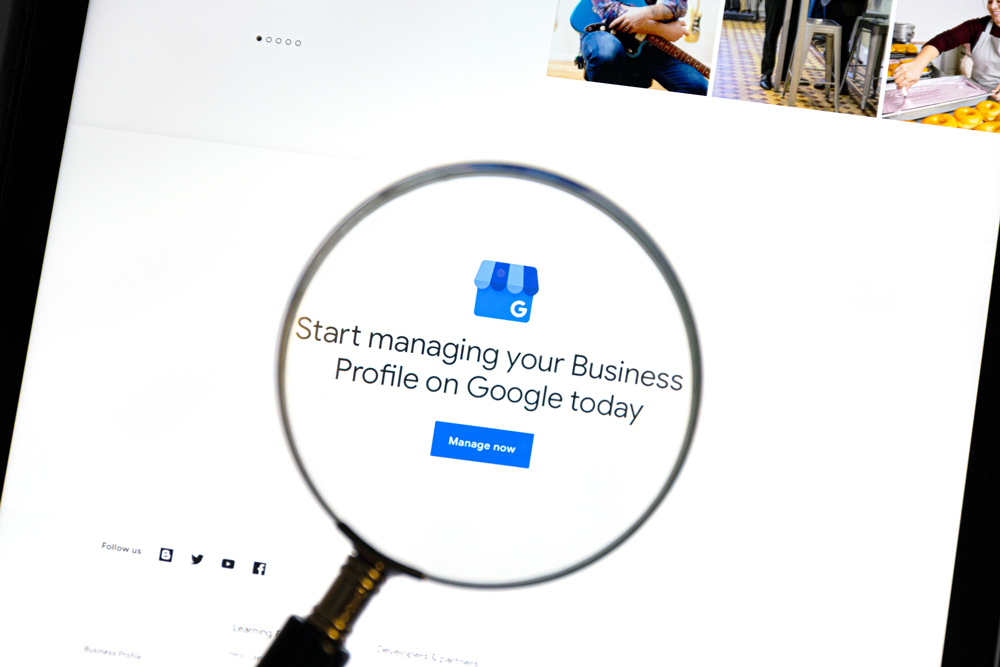 A magnifying glass over the words "Start managing your Business Profile on Google today"