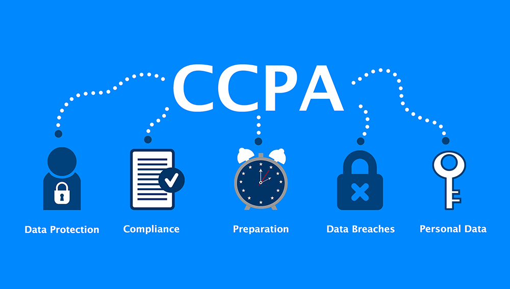 CCPA compliance graphic with different aspects represented with icons and words.