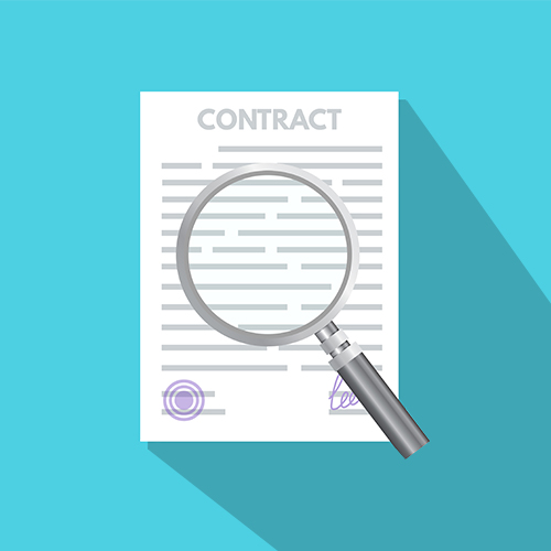 A magnifying glass over a contract. You want to check out your contract thoroughly so no one has the ability to hold your domain hostage.