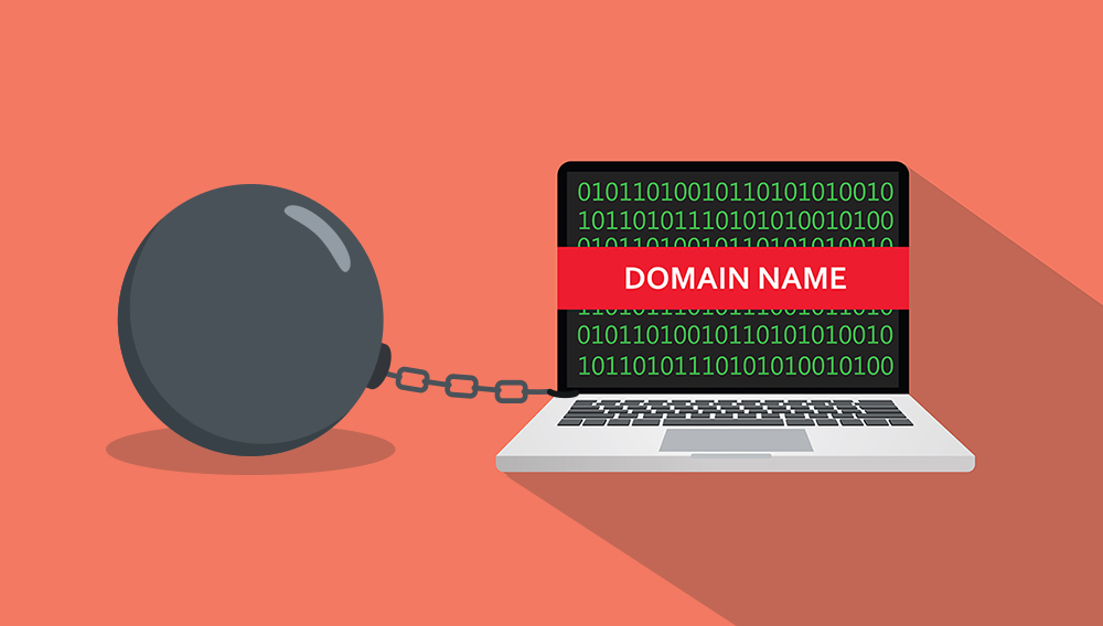 A computer that reads "Domain name" with a ball and chain attached to it. This photo represents how it feels when a developer is holding your domain name hostage.