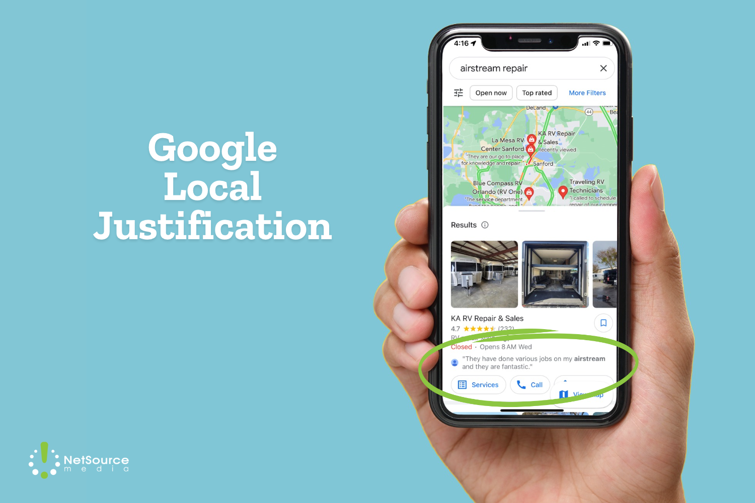 A hand holds a Google maps search with a Google Local Justification circled. When you get reviews on Google, Google displays these justifications.