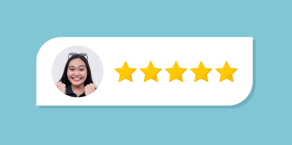 A blue background with a customer's photo and 5 star review in the foreground.